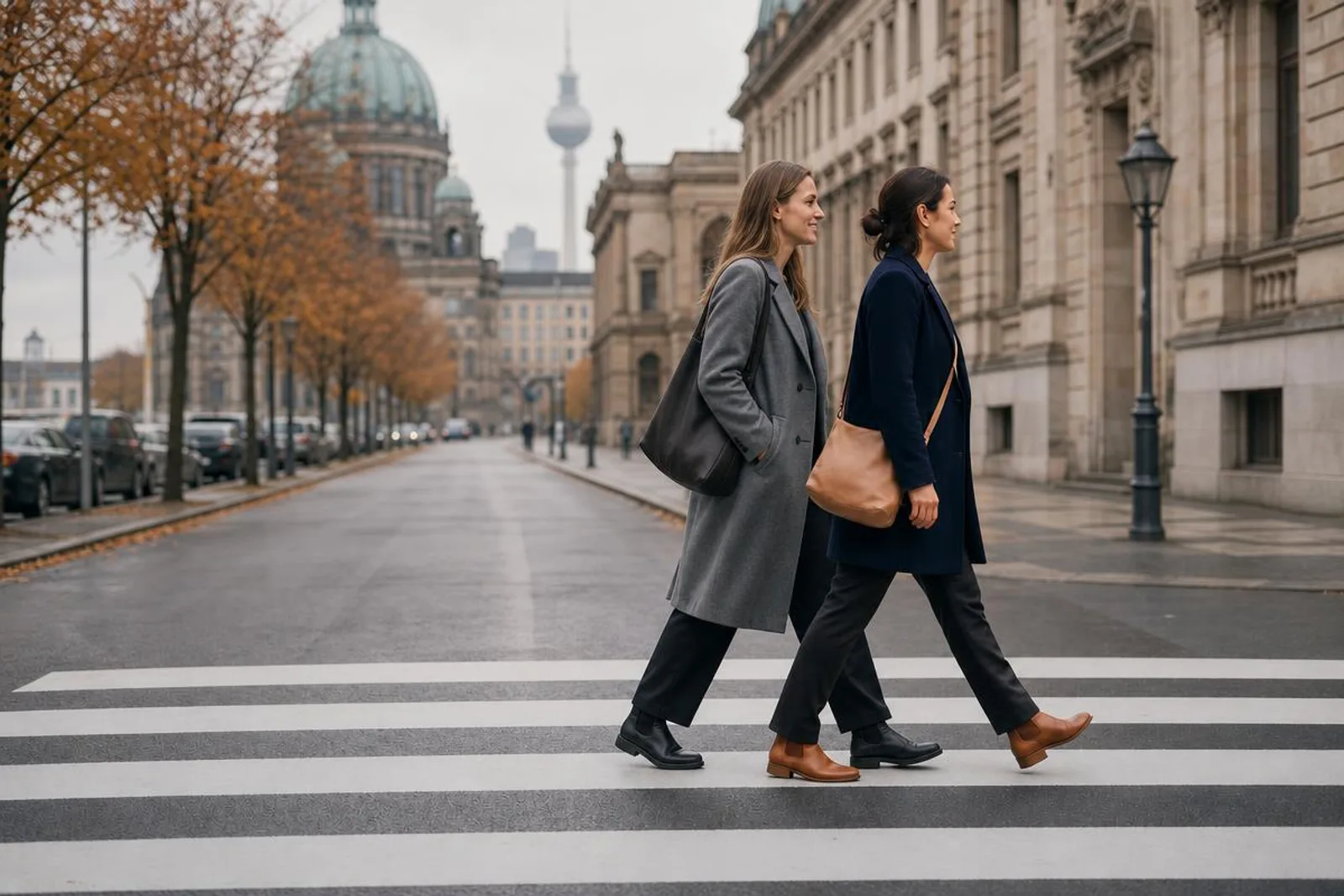Dans une rue allemande, une passante marche en conversant avec un habitant.