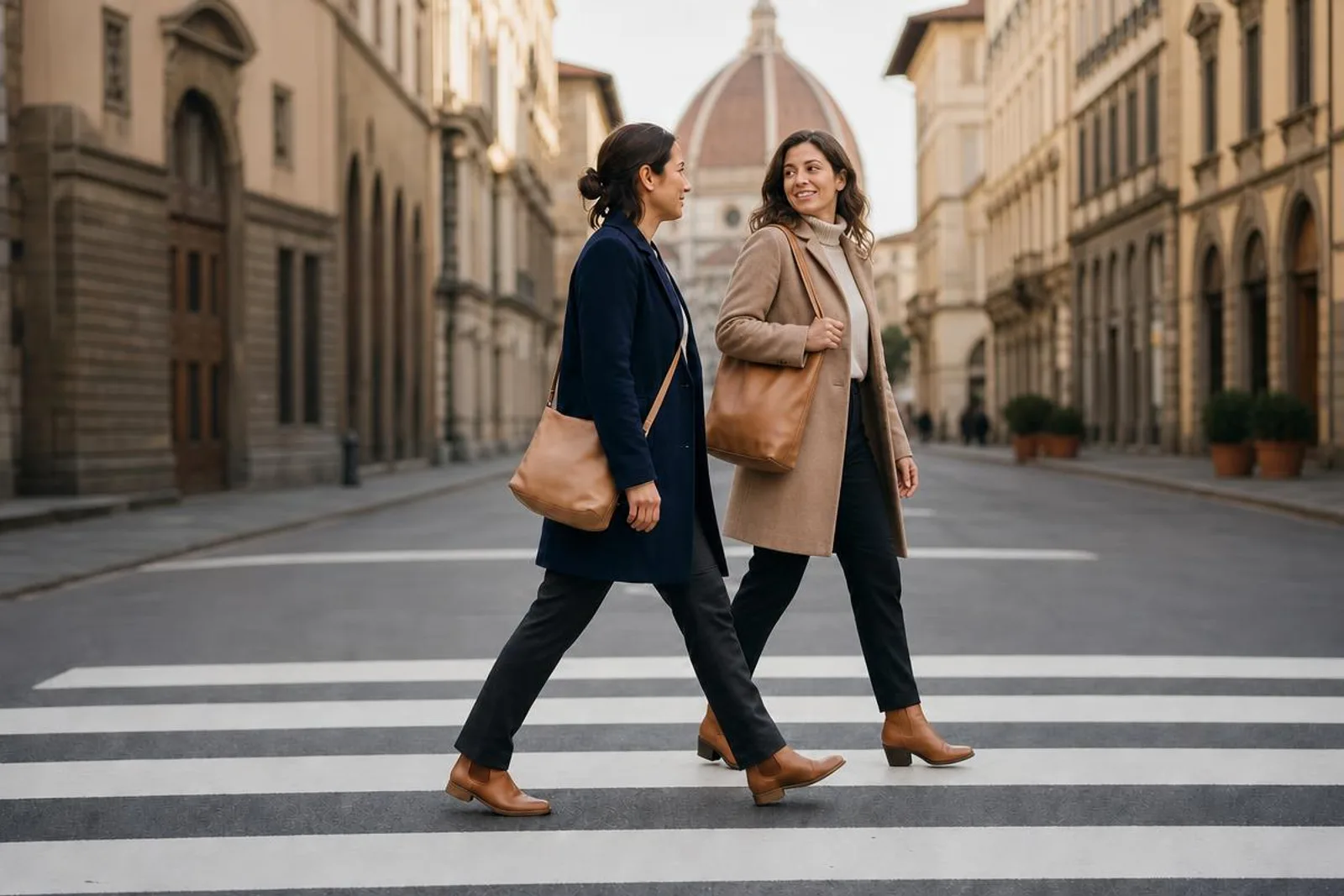 Dans une rue italienne, une passante marche en conversant avec une habitante.