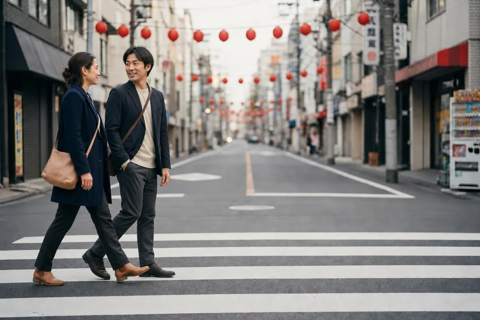 Une voyageuse traverse un passage piéton d'une rue de Tokyo, en conversation avec un habitant.