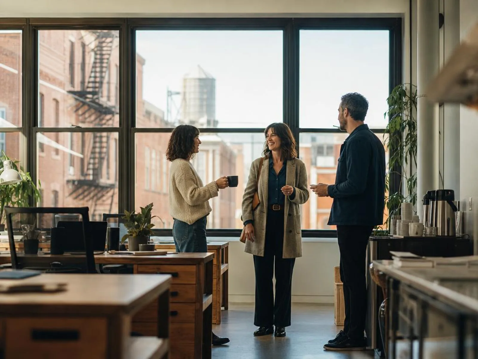 Dans un bureau lumineux, trois collègues discutent café à la main devant de grandes verrières ; de l'autre côté de la rue, un immeuble de brique et son escalier de secours.