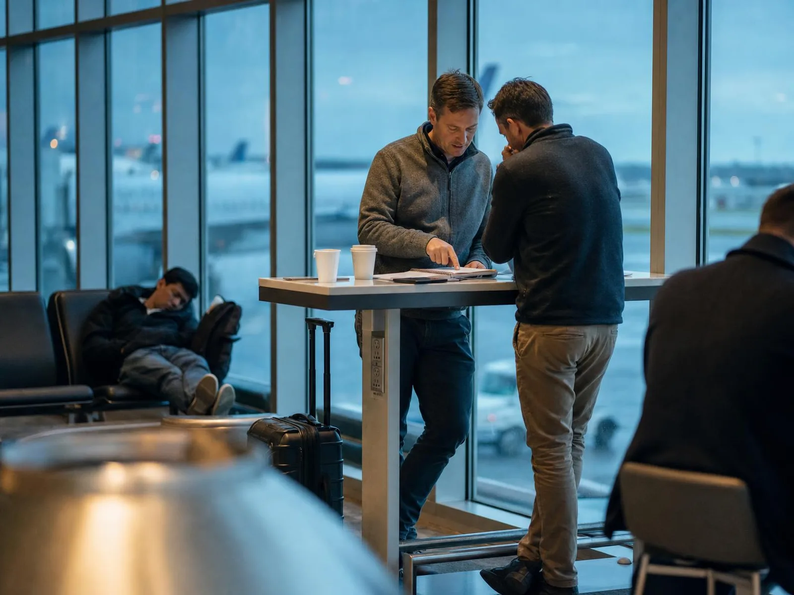 Très tôt le matin dans un aéroport américain, deux collègues debout à une table haute avec des gobelets de café et un carnet ouvert ; derrière eux, des rangées de sièges vides et le tarmac dans la lumière bleue.