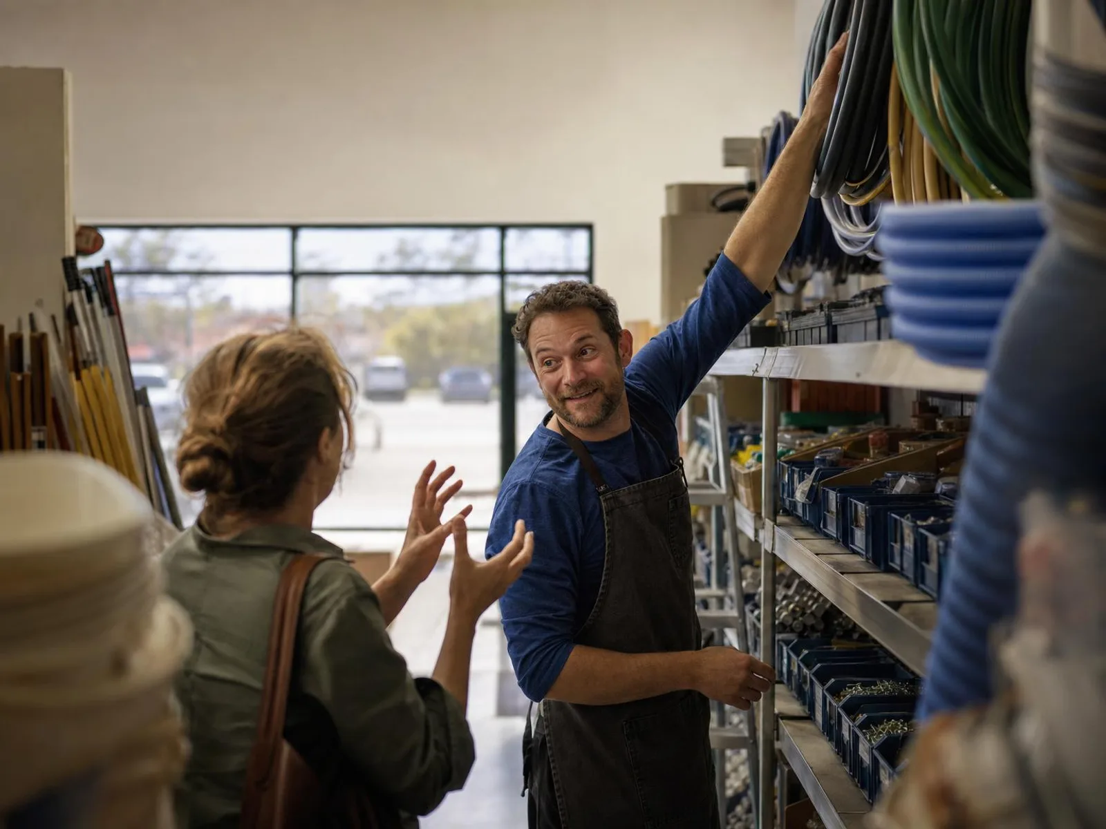 Dans l'allée d'une quincaillerie américaine, une cliente décrit un objet avec les mains à un vendeur en tablier, qui vient de comprendre et tend le bras vers une étagère ; tous deux sourient.