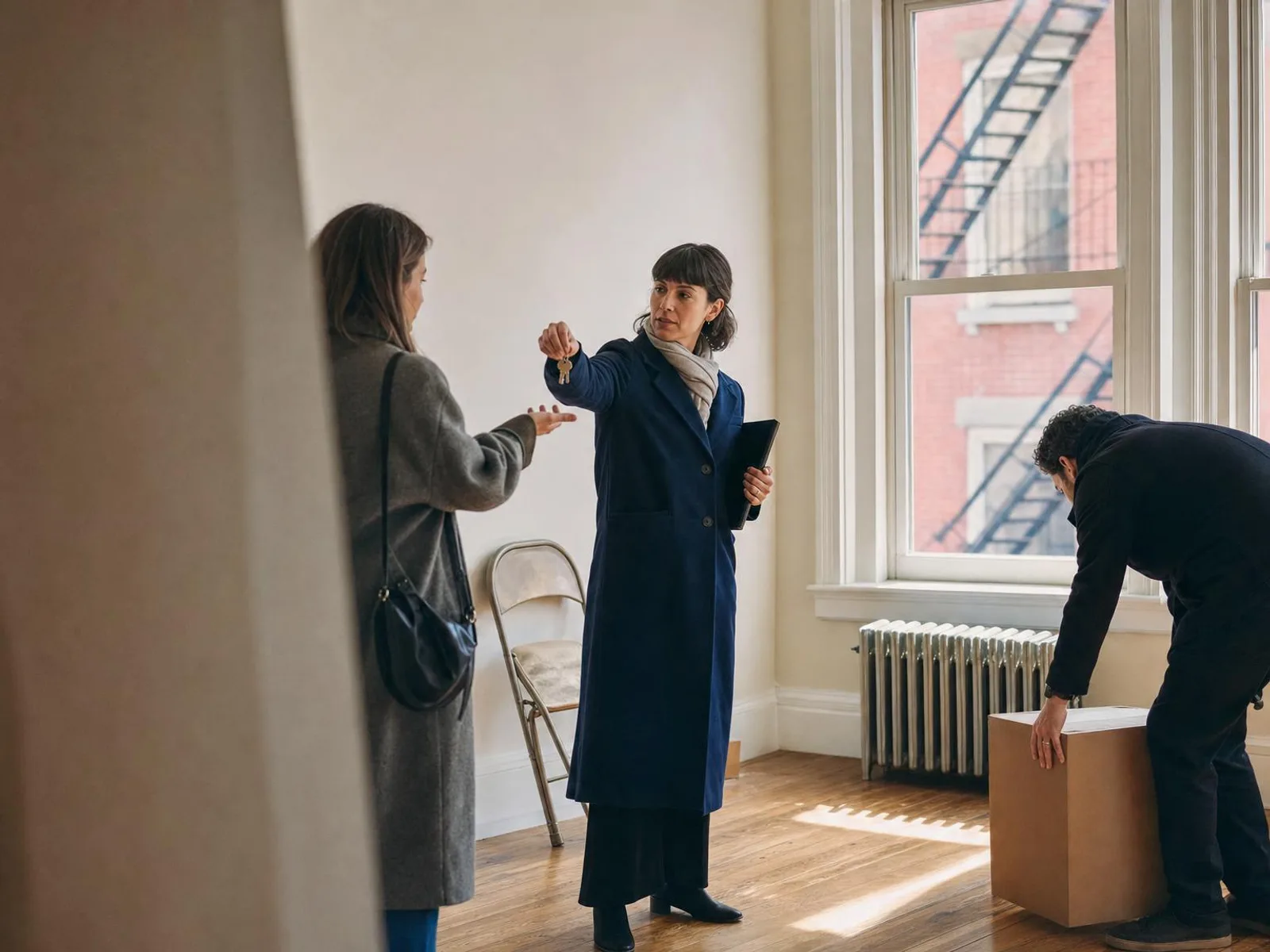 Dans un appartement vide, un agent tend un trousseau de clés à une femme qui se retourne à demi vers un homme posant un carton ; personne n'a retiré son manteau.