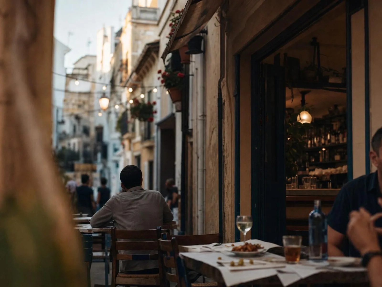 Ruelle d'un centre ancien du sud de l'Espagne au crépuscule : petites tables en terrasse avec des assiettes à partager, comptoir d'un bar visible par une porte ouverte, guirlande d'ampoules allumée et balcons fleuris au-dessus.