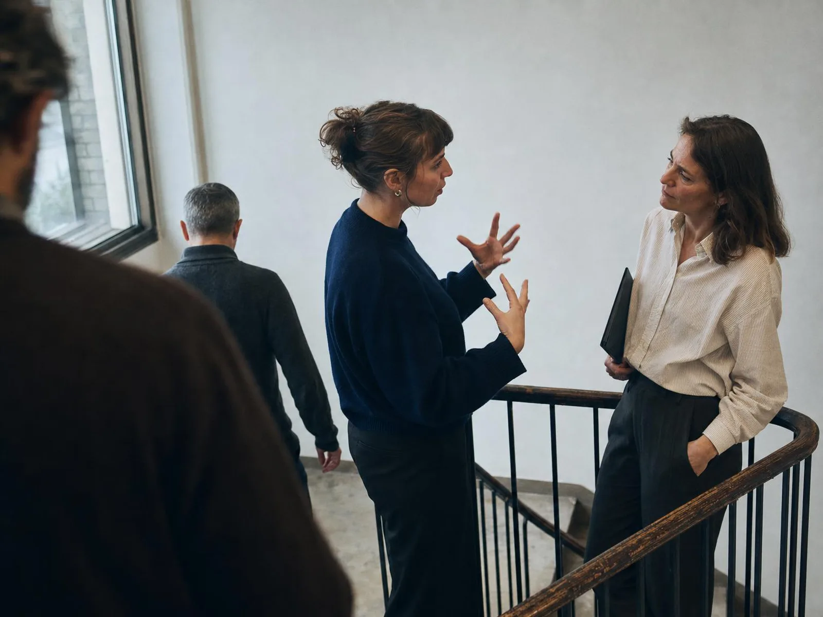Sur le palier d'un escalier de bureaux, deux collègues se sont arrêtées : l'une explique quelque chose des deux mains, l'autre écoute près de la rampe, un dossier à la main ; un troisième passe derrière elles.