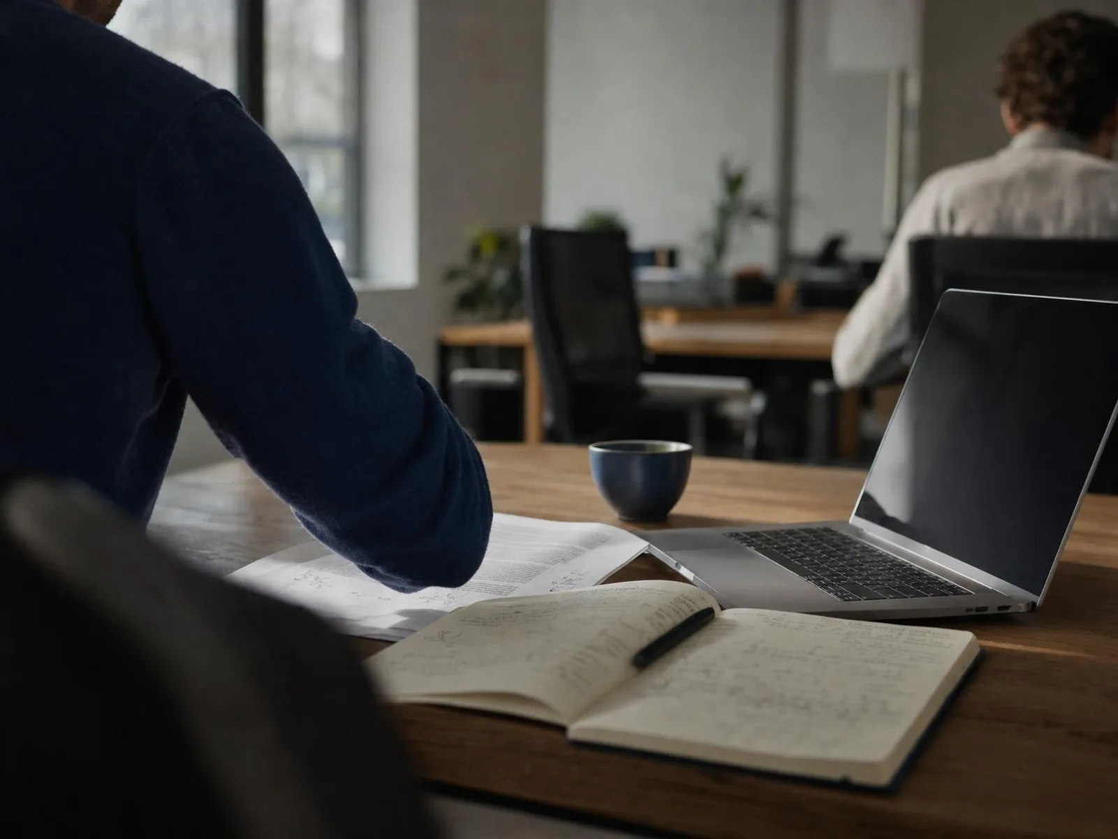 Sur un bureau en bois éclairé par la lumière d'une fenêtre, un ordinateur portable ouvert, un carnet couvert d'annotations manuscrites, une tasse de thé et une feuille imprimée annotée dans la marge.