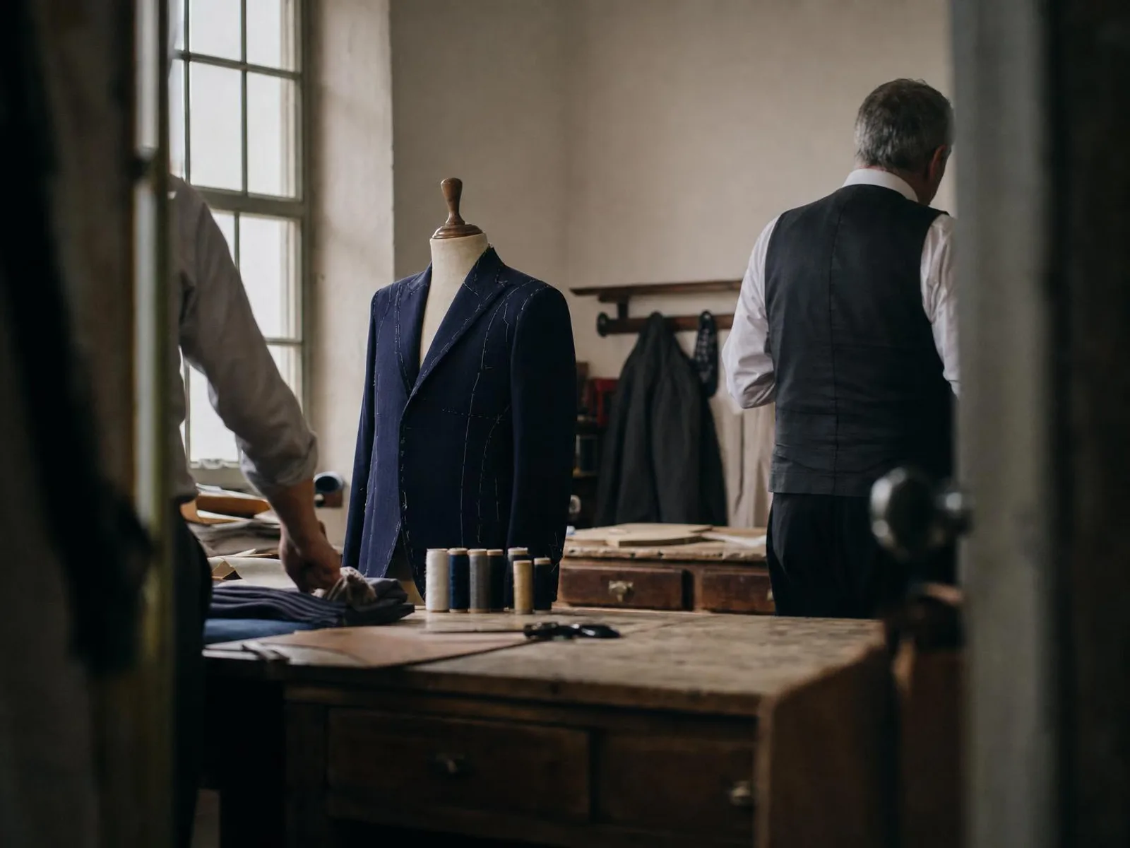 Atelier de couture en fin de journée, une veste posée sur un mannequin de bois avec des marques de craie, ciseaux et bobines de fil sur un plan de travail usé, lumière chaude venant d'une fenêtre à petits carreaux.