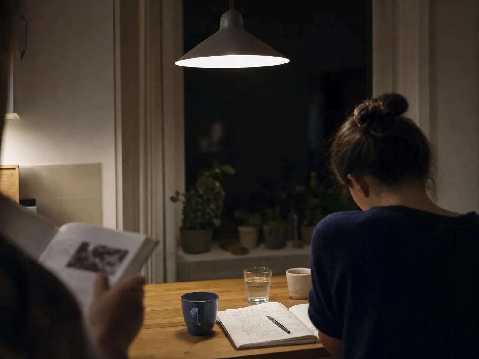 Table de cuisine le soir, un cahier ouvert couvert de notes manuscrites, un crayon, une tasse de thé et une fenêtre sombre à l'arrière-plan.