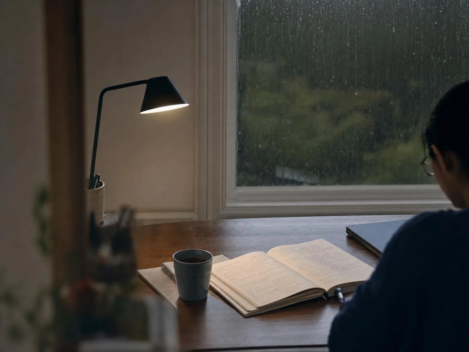Un bureau éclairé par une lampe de bureau le soir, cahier ouvert, tasse de thé, et derrière la fenêtre la pluie qui ruisselle sur la vitre.
