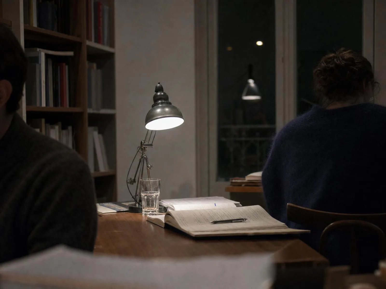 Un bureau en bois éclairé par une lampe de travail la nuit, avec un carnet ouvert couvert de notes manuscrites, un crayon et un verre d'eau ; au fond, une étagère de livres et une fenêtre sombre.