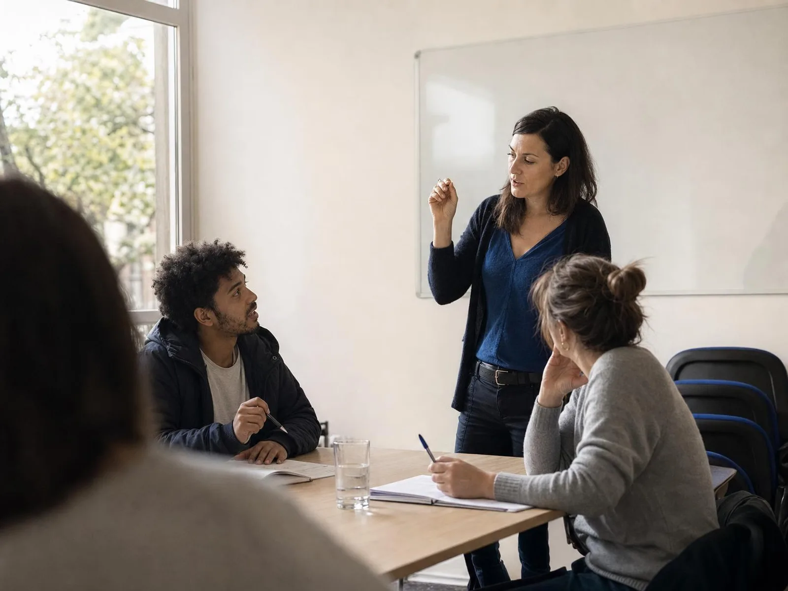 Dans une salle de cours, une formatrice debout marque une distinction en l'air d'une main ; deux adultes assis lèvent les yeux vers elle, l'un répétant quelque chose à voix haute.