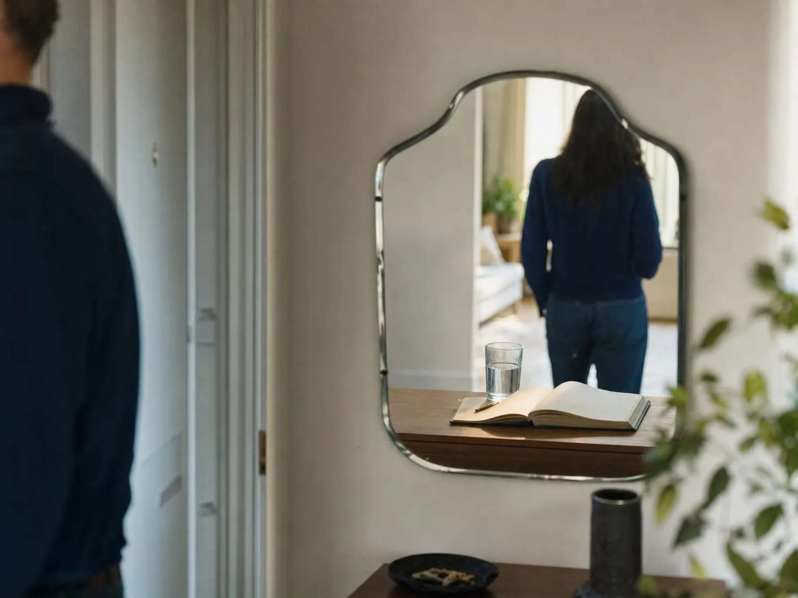Un miroir mural dans un couloir clair reflète une console où reposent un carnet ouvert et un verre d'eau, dans une lumière douce de matin.