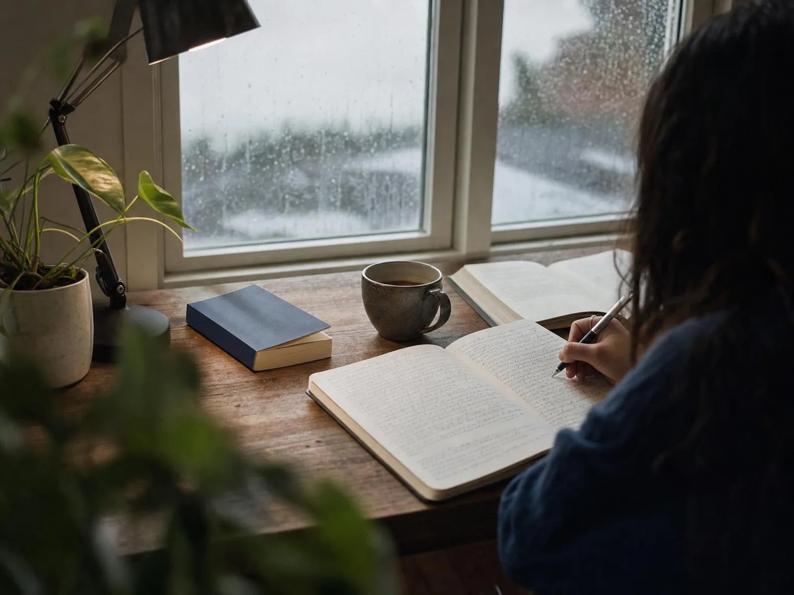 Bureau en bois éclairé par une lampe le soir, cahier ouvert couvert de phrases manuscrites, dictionnaire posé à plat, tasse de thé et fenêtre ruisselante de pluie à l'arrière-plan.