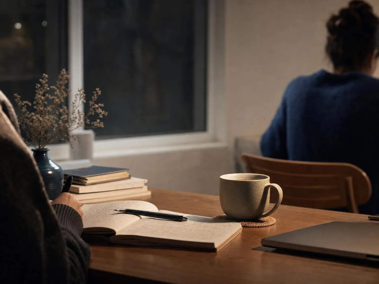 Un bureau éclairé par une lampe le soir, un carnet ouvert dont l'écriture reste floue, une tasse et un stylo posé en travers de la page, la fenêtre sombre derrière.