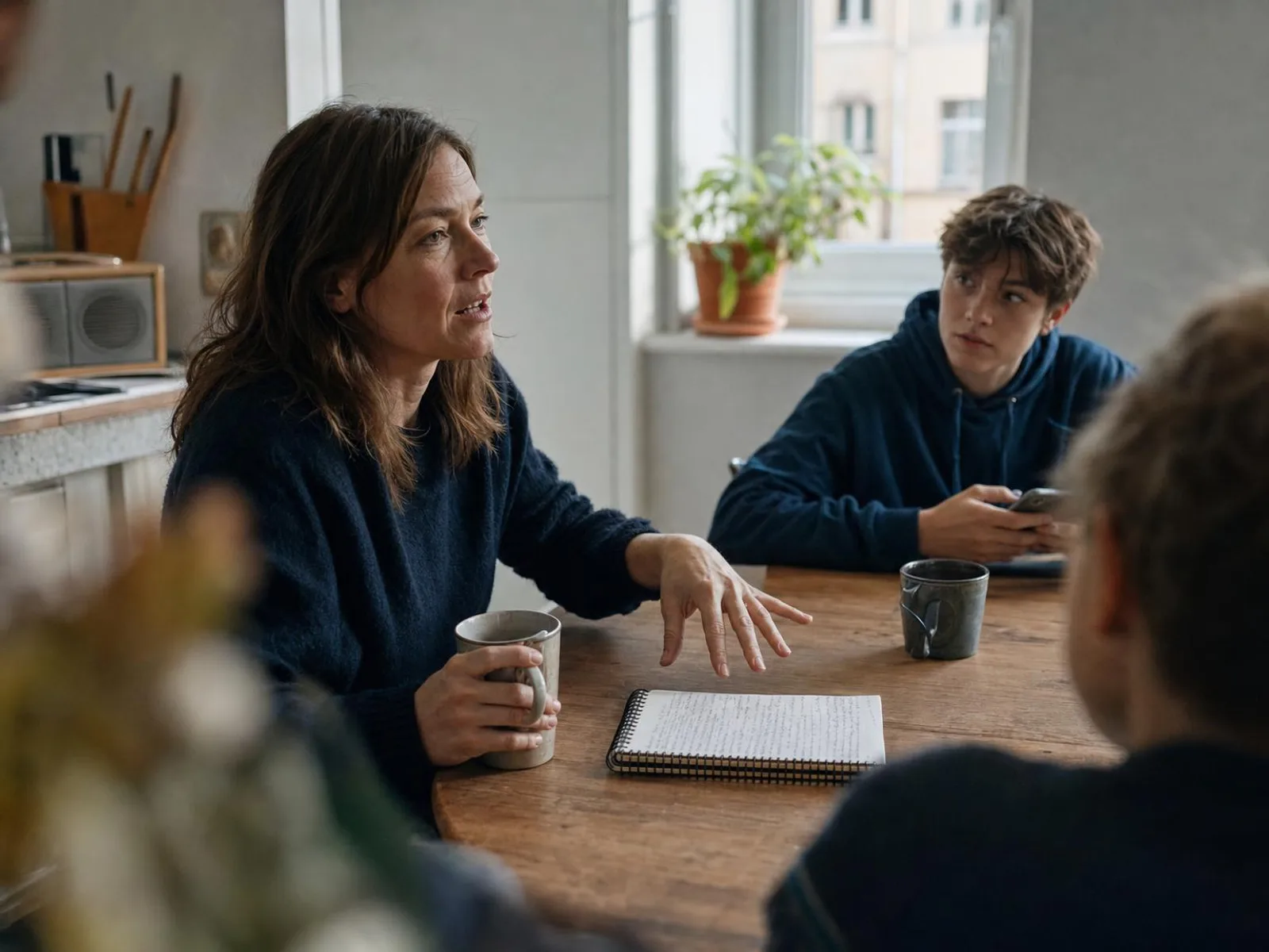 À la table d'une cuisine, une femme récite à voix haute, les yeux dans le vide, un carnet à spirale ouvert devant elle et une main qui bat la mesure sur la table.