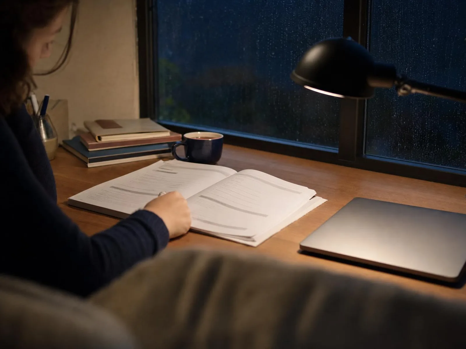Bureau éclairé par une lampe le soir, cahier ouvert, tasse posée à côté, pluie sur la vitre sombre derrière.