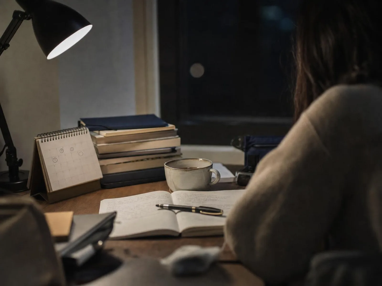 Un bureau éclairé par une lampe le soir : un cahier ouvert, un stylo posé en travers, une tasse de thé et un petit calendrier mural appuyé contre une pile de livres.