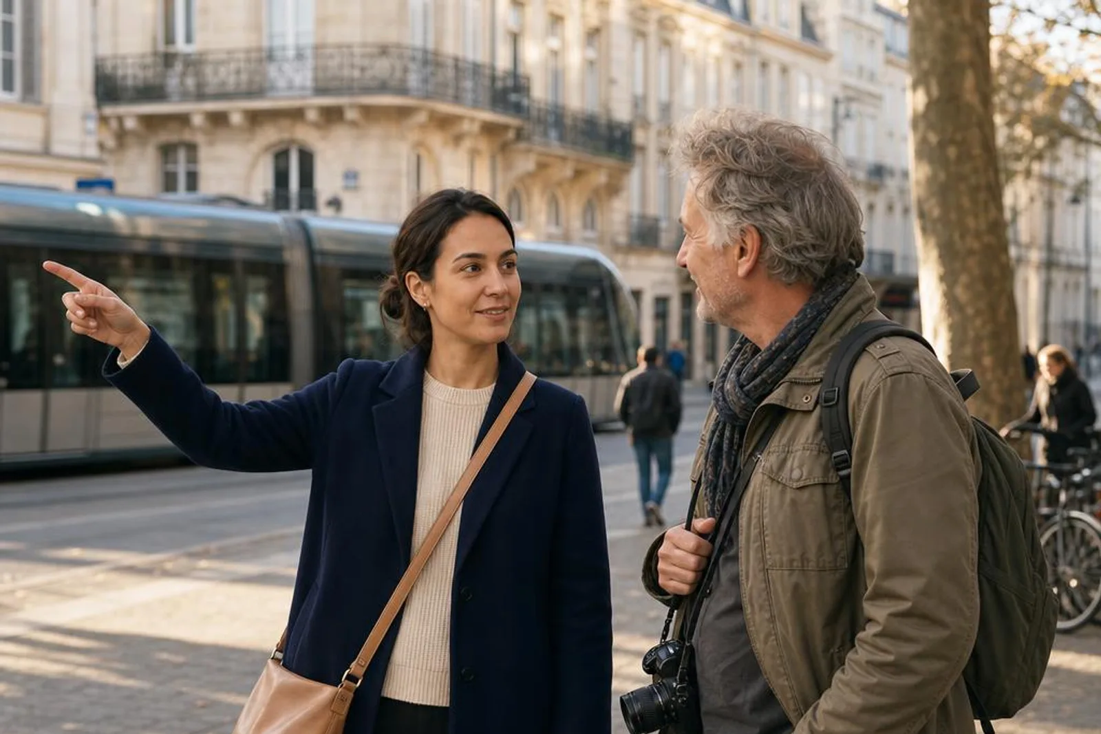 Dans une rue bordelaise en fin de journée, une passante renseigne un visiteur étranger en lui indiquant une direction, un tramway passant derrière eux.