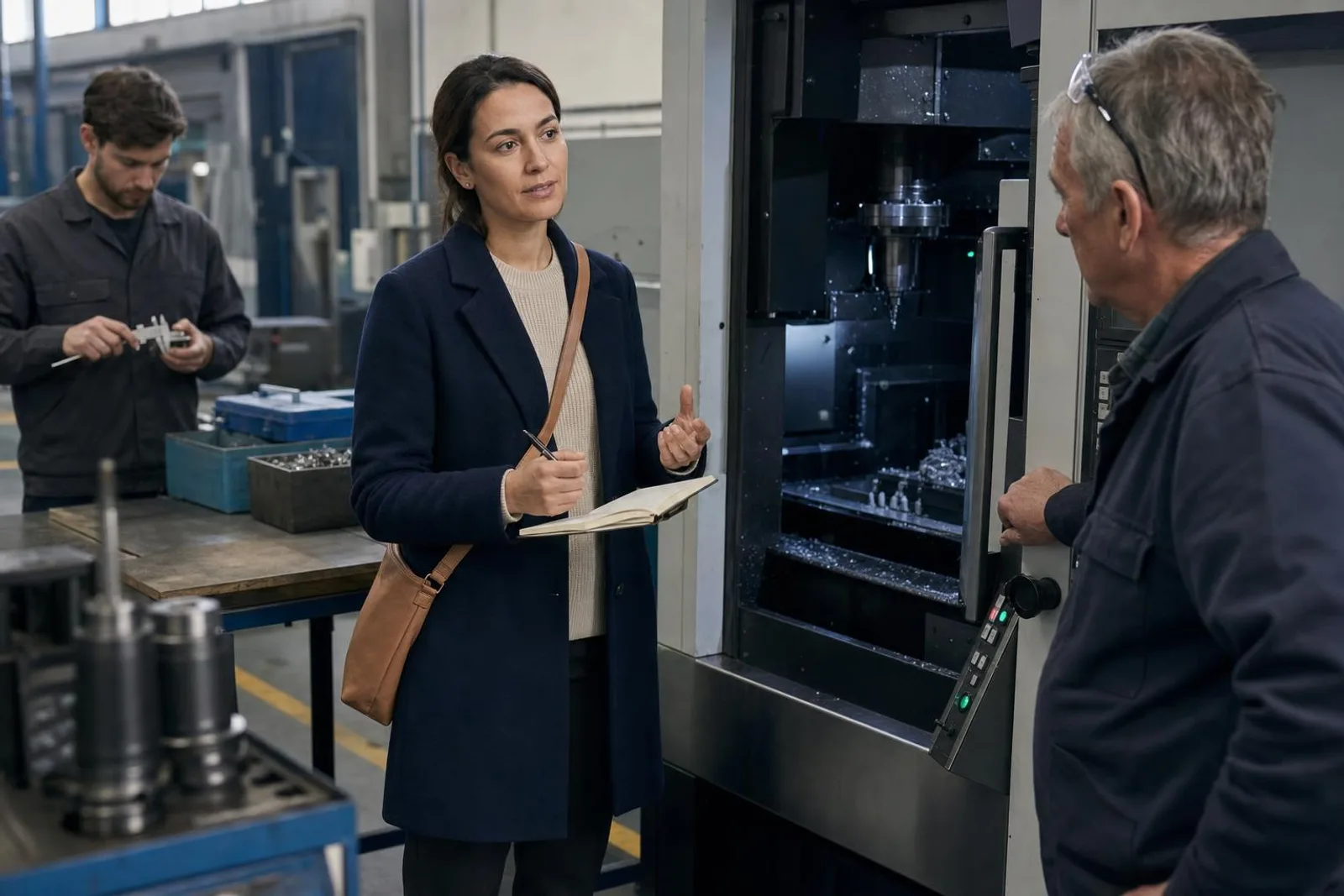 Dans un atelier d'usinage, une visiteuse échange avec un opérateur devant le pupitre d'une machine-outil.