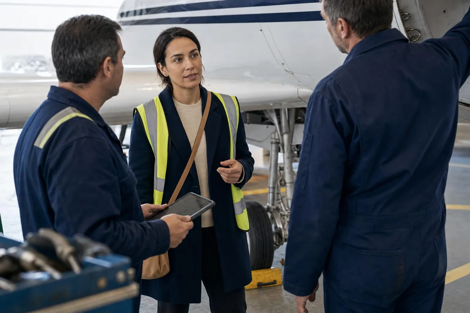 Dans un hangar d'aviation, une visiteuse échange avec deux techniciens devant le train d'atterrissage d'un appareil.