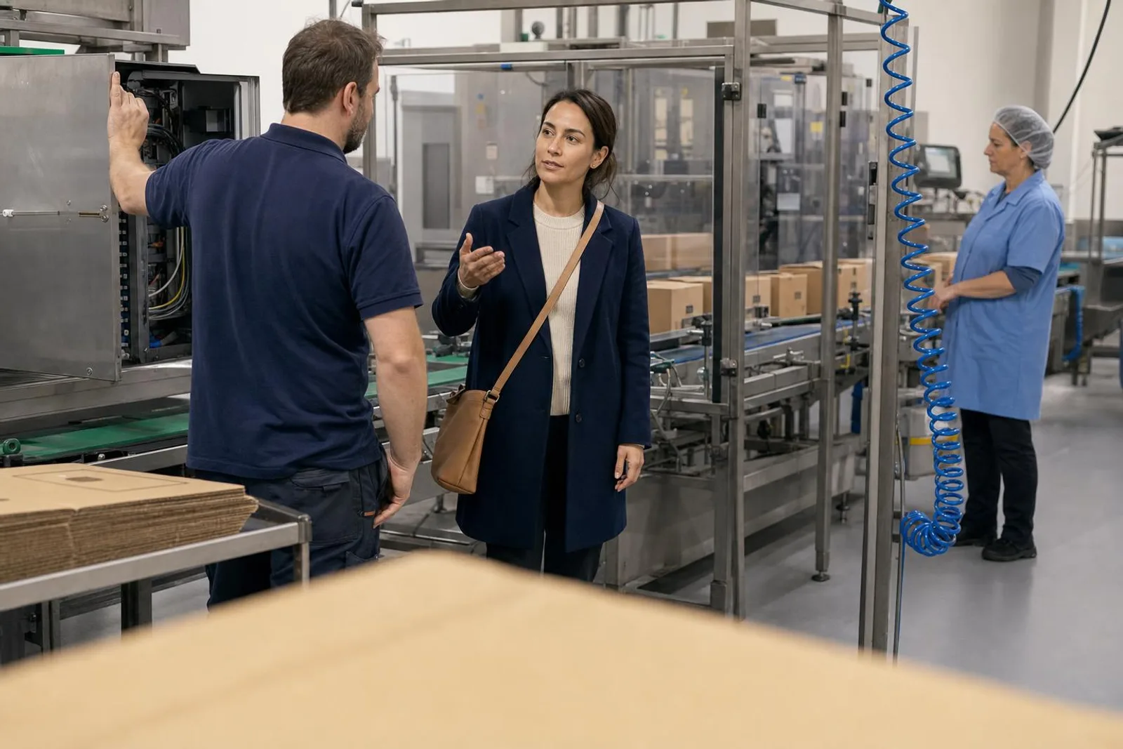 Le long d'une ligne de conditionnement, une visiteuse échange avec un technicien qui montre un réglage sur une machine.