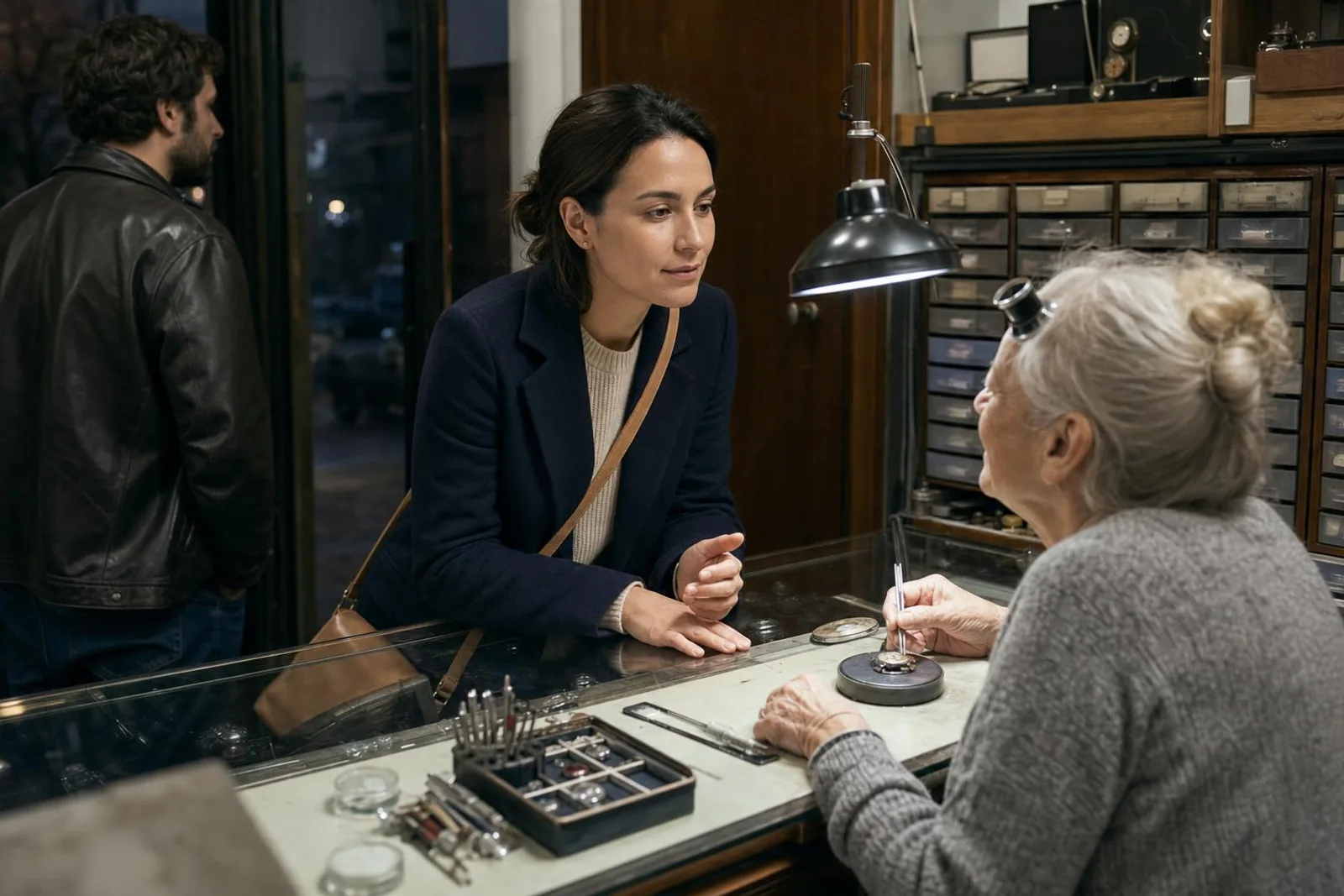 Dans une horlogerie, une passante converse avec l'horlogère derrière son comptoir.