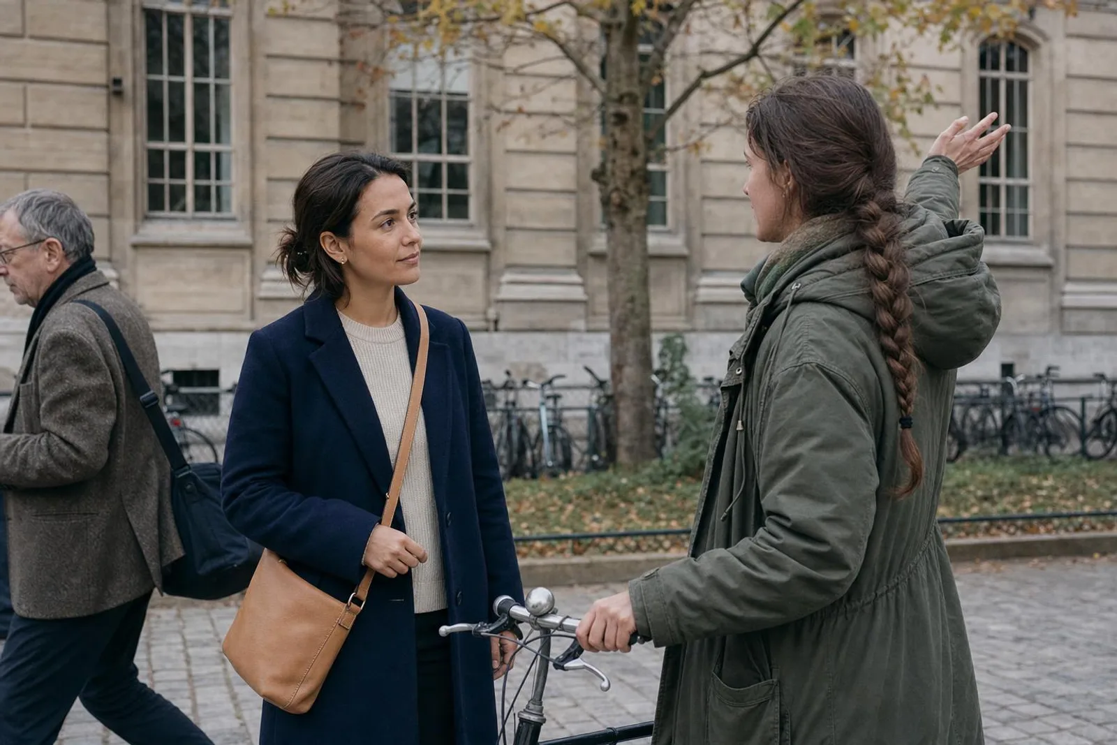 Dans la cour pavée d'une université en automne, une femme discute avec une étudiante qui tient son vélo par le guidon et lui indique un bâtiment.