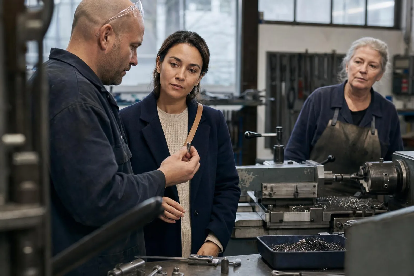 Dans un atelier d'usinage, une visiteuse écoute un machiniste lui montrer une pièce.