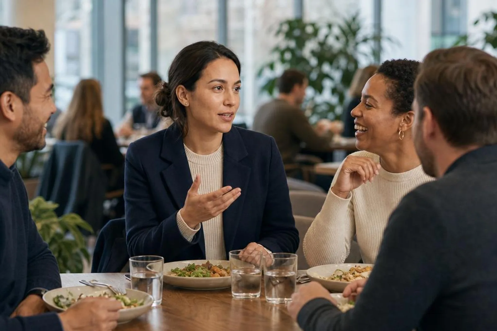 En el comedor de una empresa, una compañera charla con su equipo alrededor de una mesa.