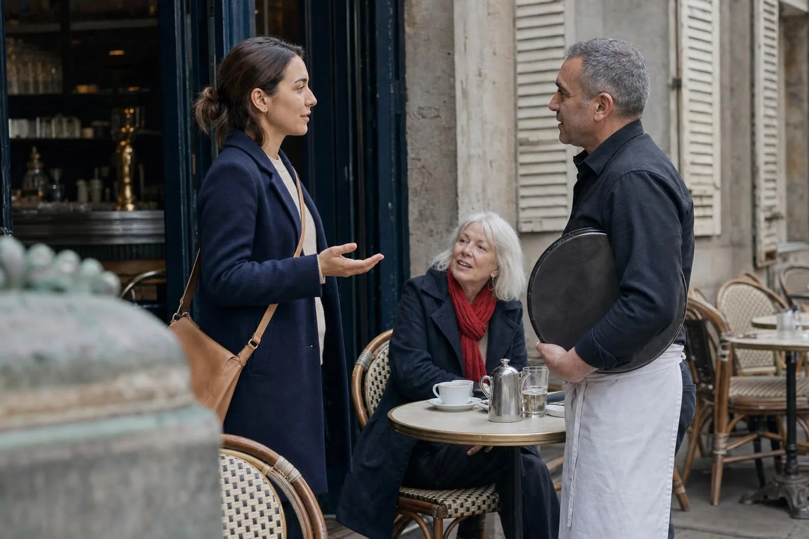 En la terraza de un café, una mujer conversa con un camarero mientras otra clienta escucha desde su mesa.