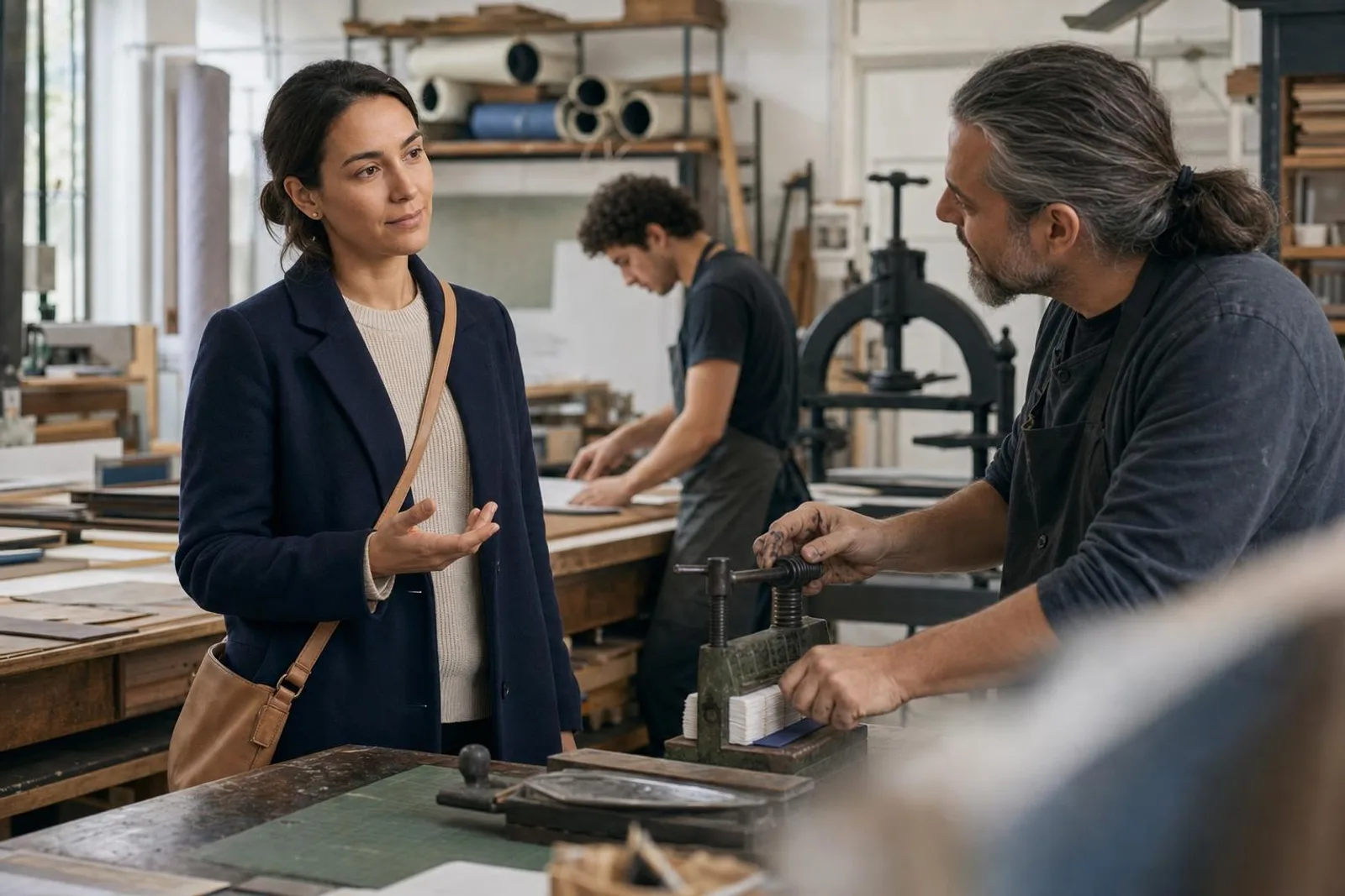 Dans un atelier de reliure, une passante converse avec le relieur.