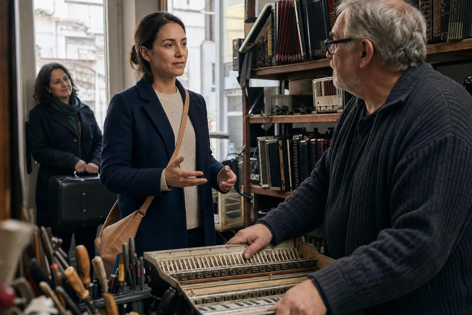 Dans un atelier, une passante converse avec un réparateur d'accordéons devant un instrument ouvert.