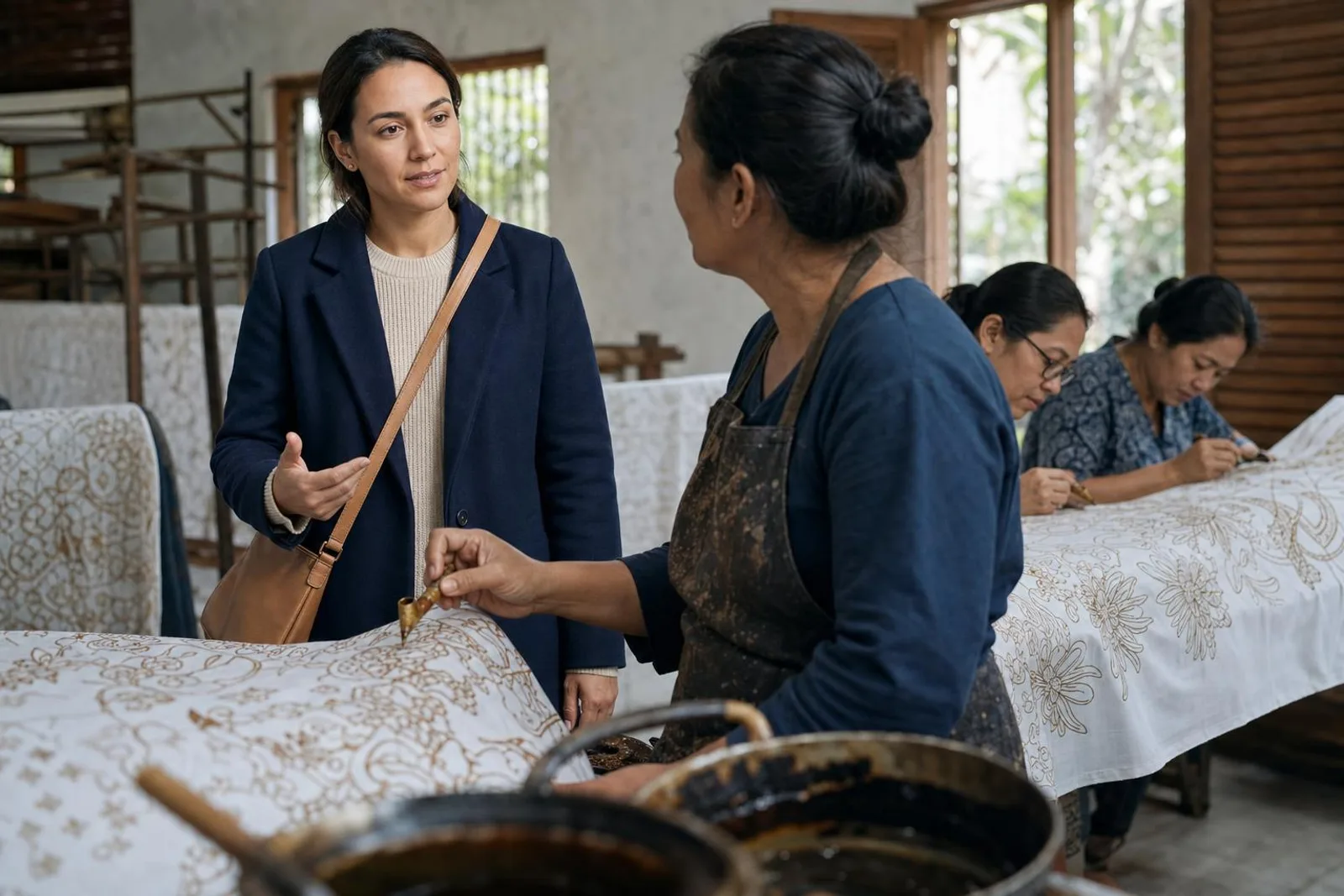 Dans un atelier de batik, une passante converse avec une artisane appliquant de la cire sur un tissu tendu.