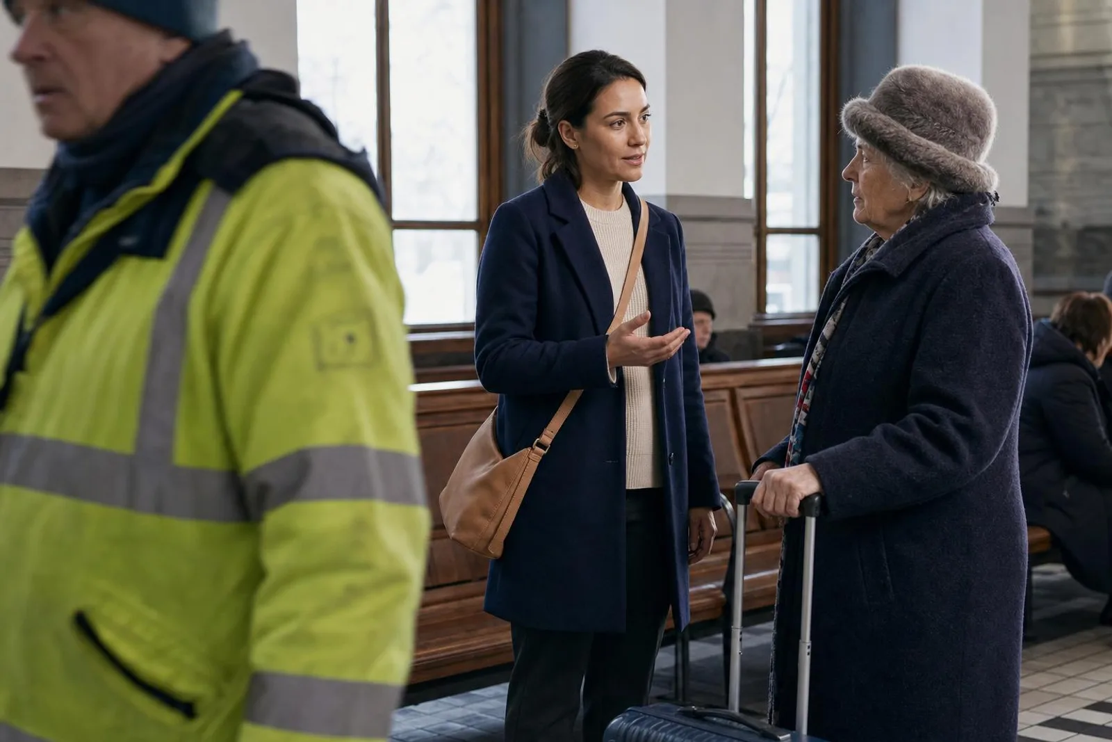 Dans une salle d'attente de gare, une passante converse avec une voyageuse tenant sa valise.