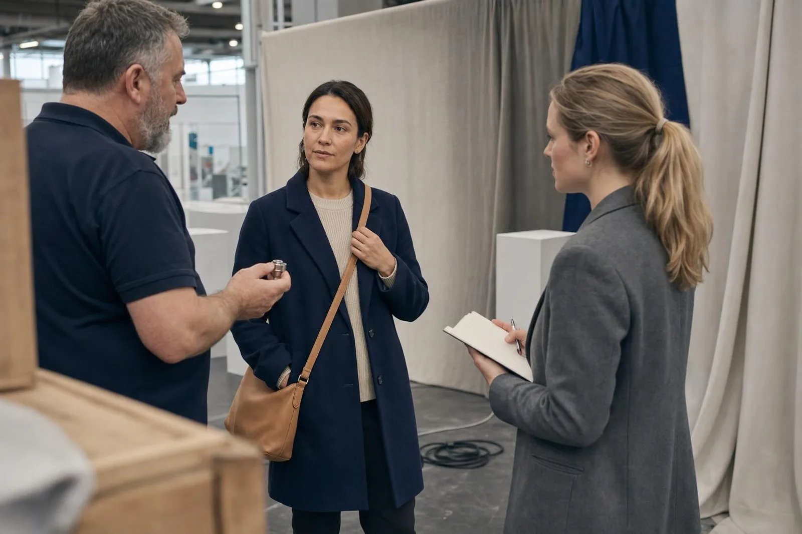 Dans une halle d'exposition, une visiteuse écoute un exposant devant des présentoirs.