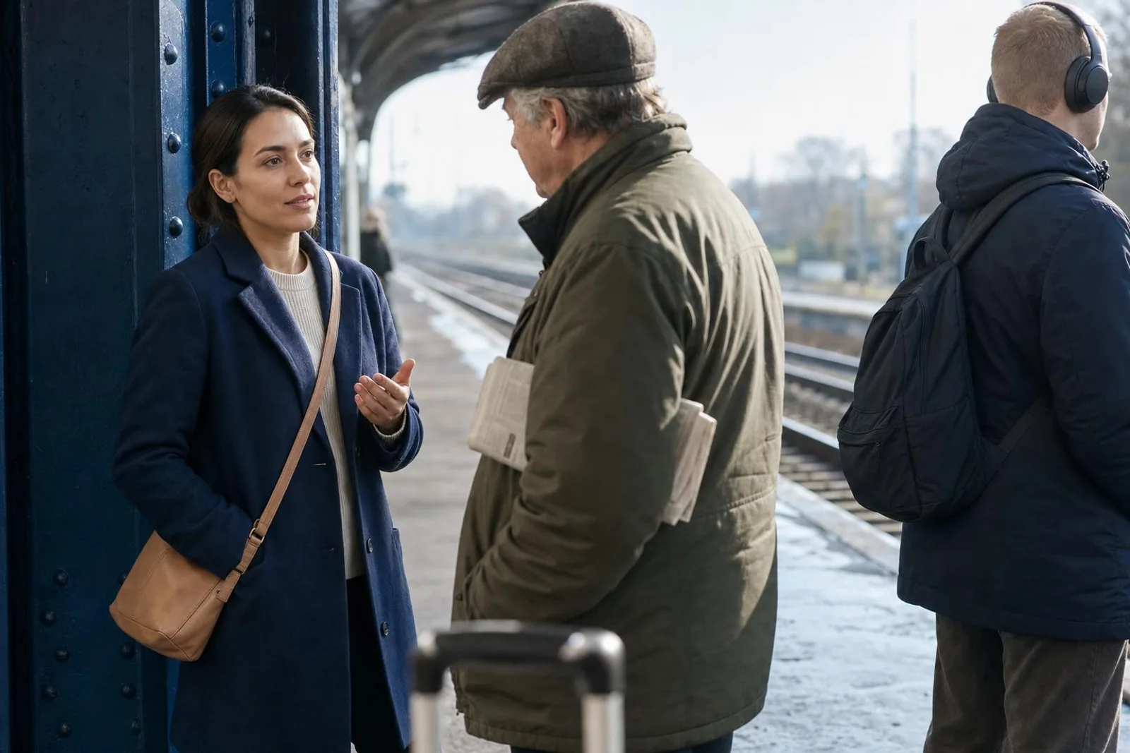 Sur le quai d'une gare, une voyageuse discute avec un homme qui attend le même train.