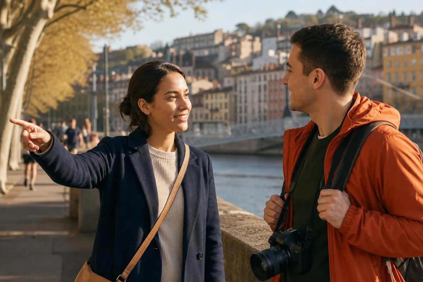Sur les quais du Rhône, une passante conseille un jeune visiteur appareil photo au cou.