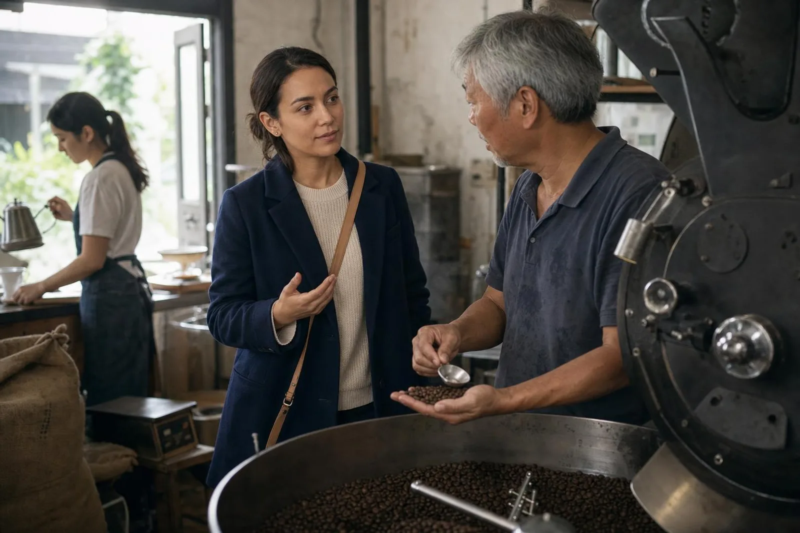 Dans une brûlerie, une passante converse avec le torréfacteur qui plonge la main dans les grains.