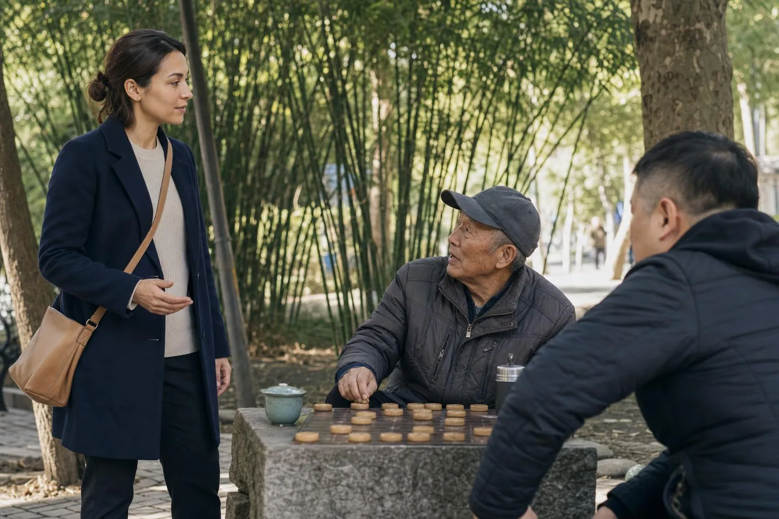 Dans un parc, une passante converse avec un joueur d'échecs chinois attablé.