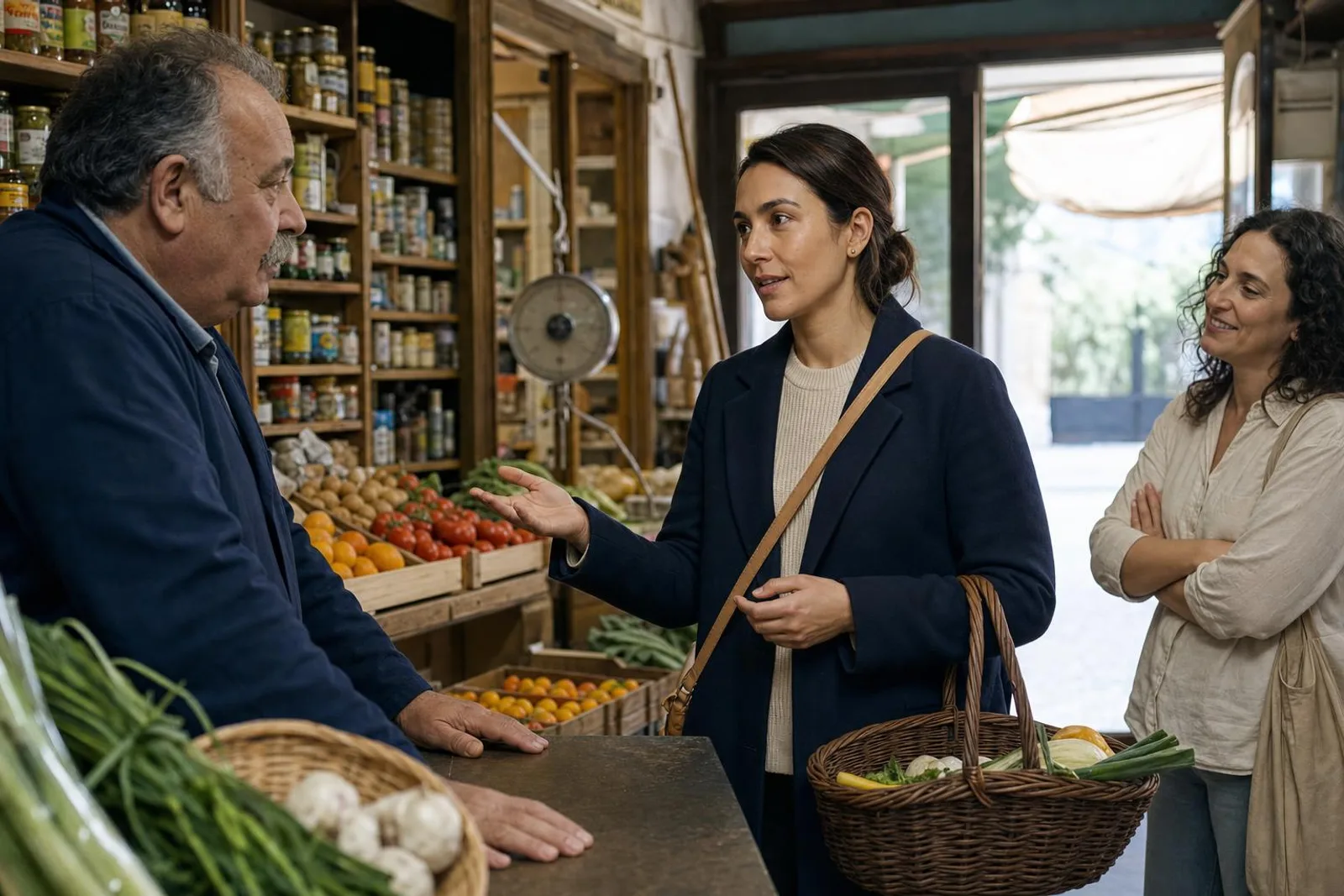 Dans une épicerie de quartier, une cliente échange avec le commerçant derrière son comptoir.