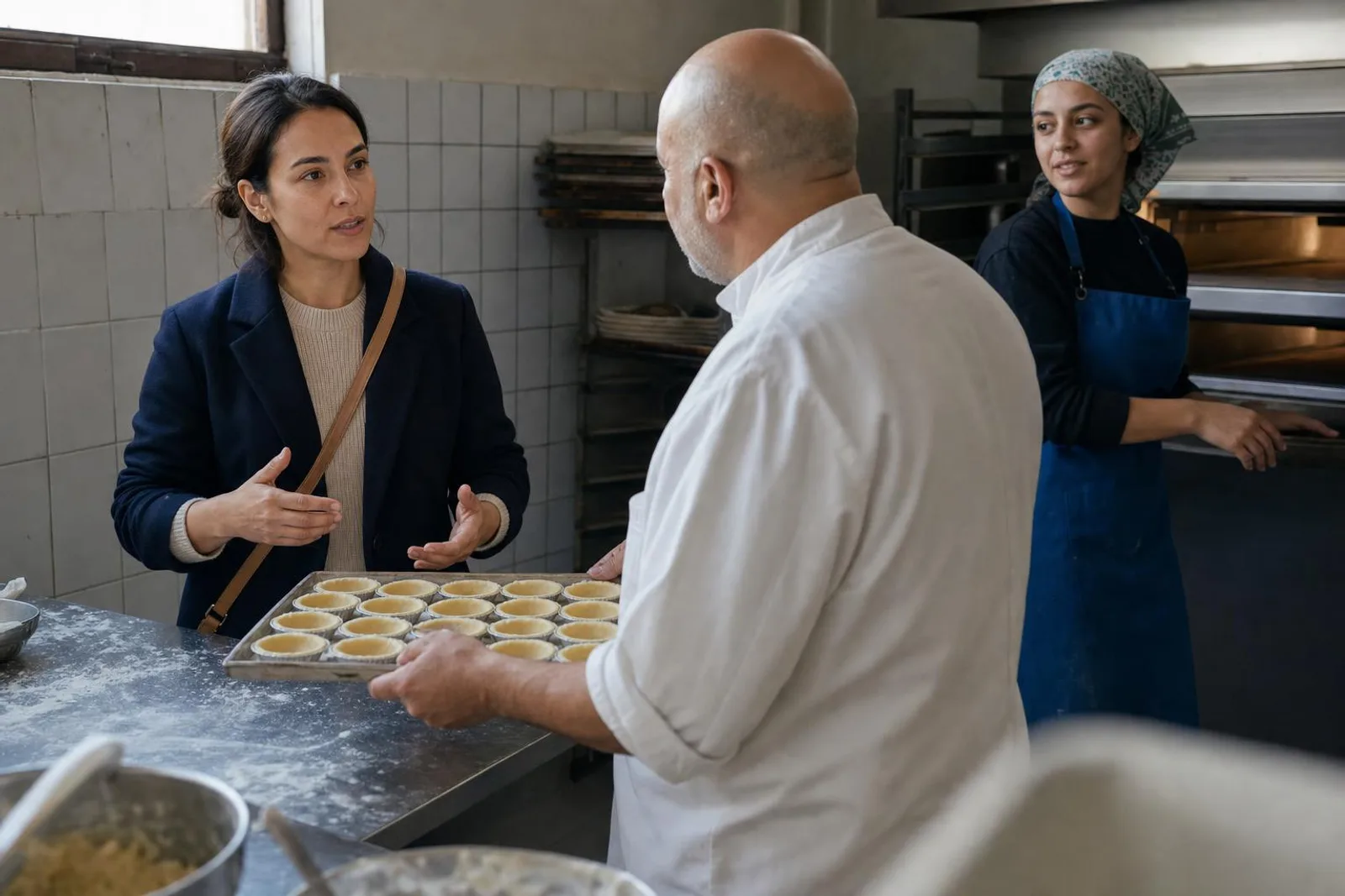Dans un atelier de pâtisserie, une visiteuse échange avec un pâtissier qui tient une plaque de tartelettes.