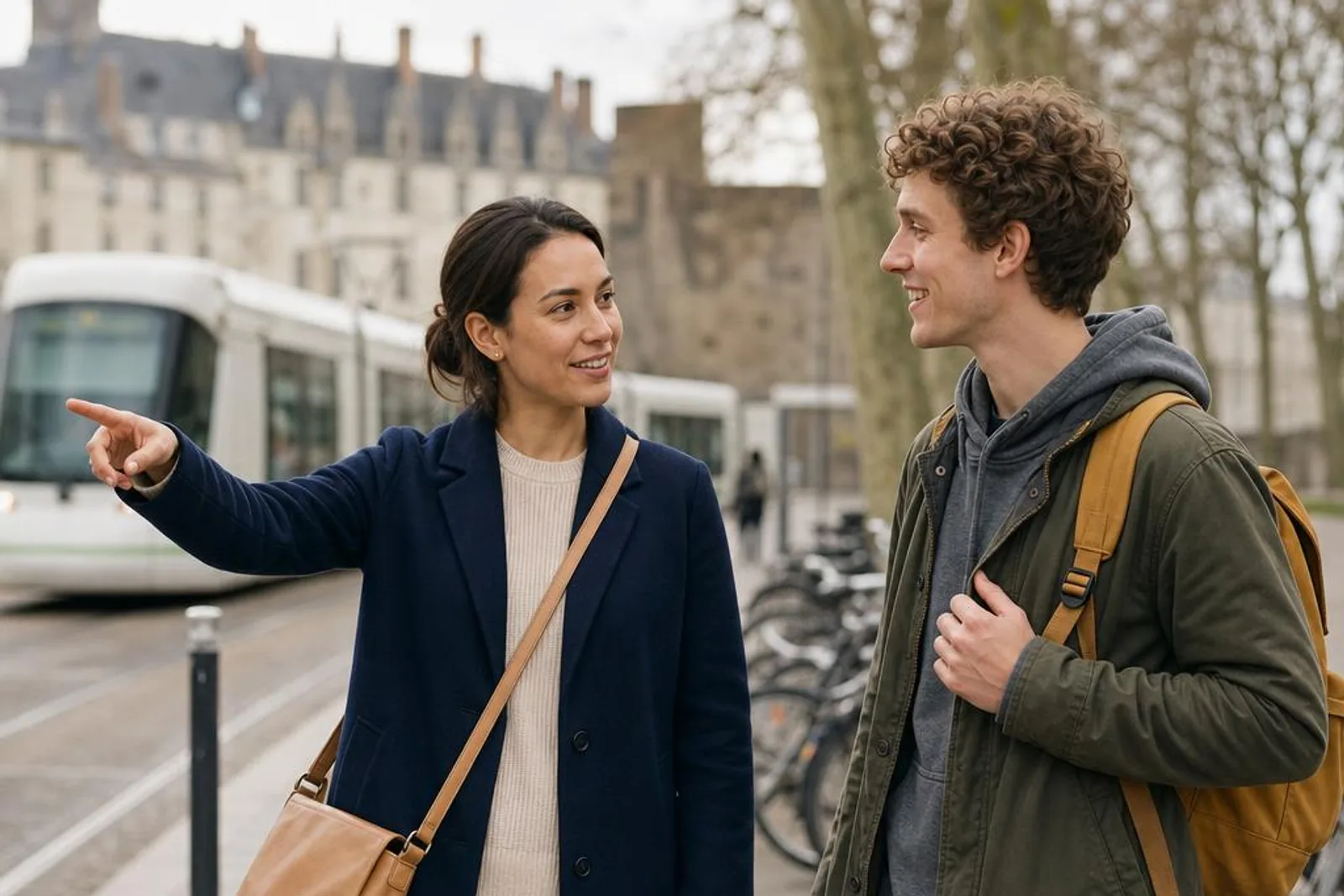 Devant une station de tramway nantaise, une passante renseigne un jeune visiteur sac au dos.