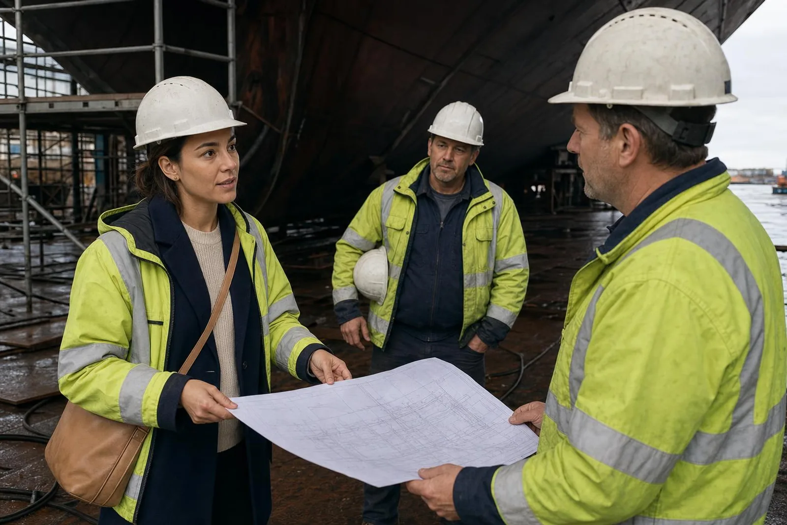 Sous une coque de navire en construction, deux personnes en casque échangent devant un plan déplié.