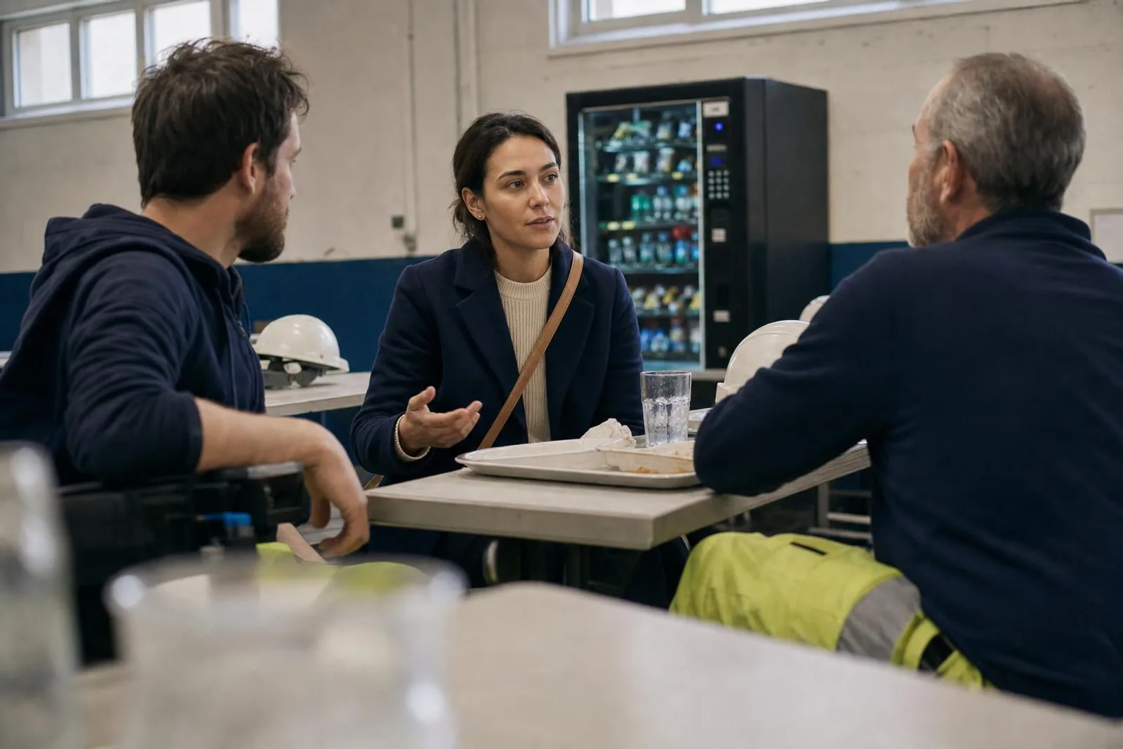 Dans un réfectoire de chantier, une visiteuse partage une table avec deux ouvriers en tenue de travail.