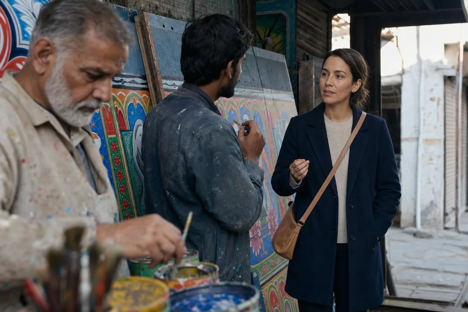 Dans un atelier de peinture de camions, une passante converse avec le peintre, pinceau fin à la main.