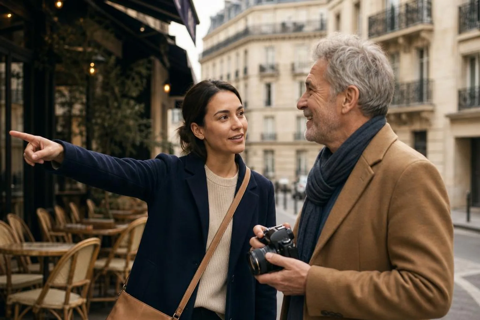 Dans une rue haussmannienne, une passante conseille un visiteur appareil photo à la main, devant une terrasse de café.