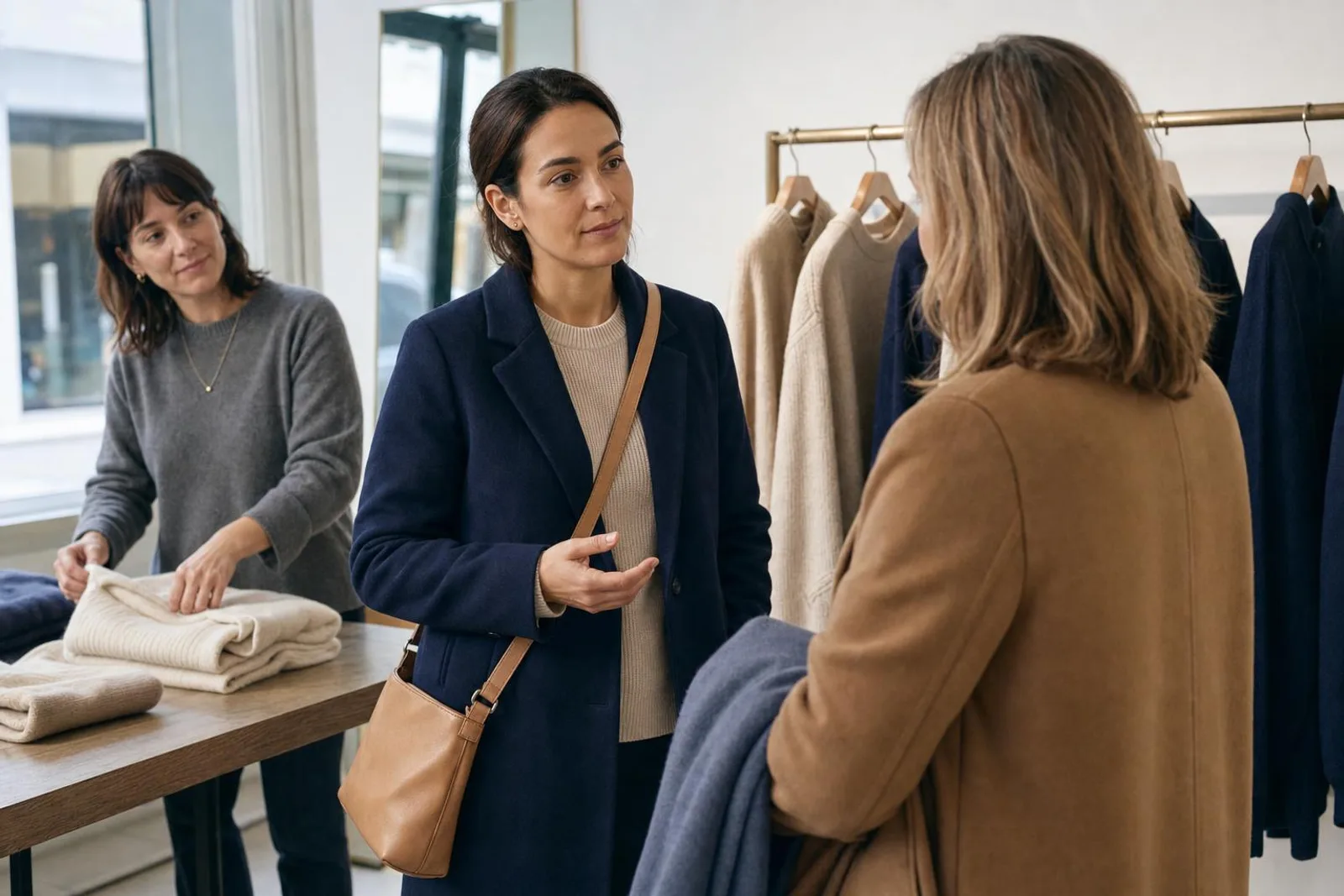 Dans une boutique de mode, deux femmes échangent devant un portant, une troisième plie des vêtements derrière.