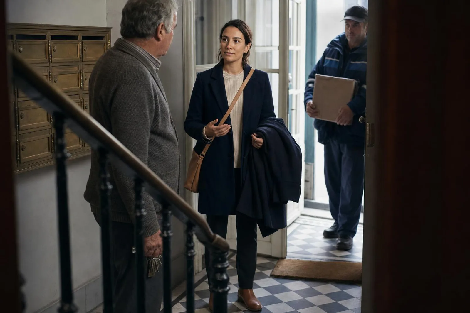 Dans le hall d'un immeuble ancien, une résidente échange avec le gardien devant les boîtes aux lettres.