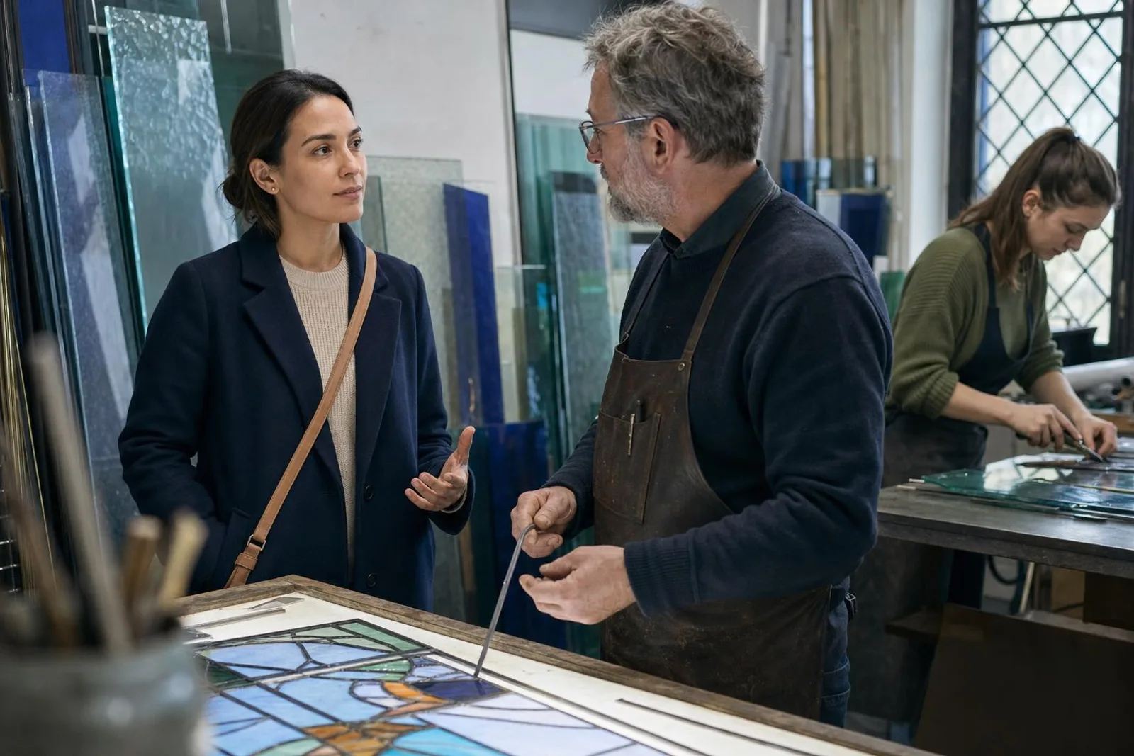 Dans un atelier de vitrail, une passante converse avec le maître verrier.
