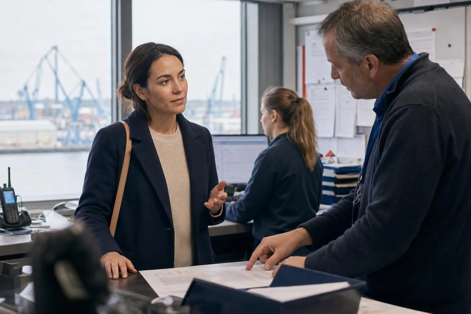 Dans un bureau de capitainerie donnant sur le fleuve, une professionnelle relit un document avec un agent portuaire.